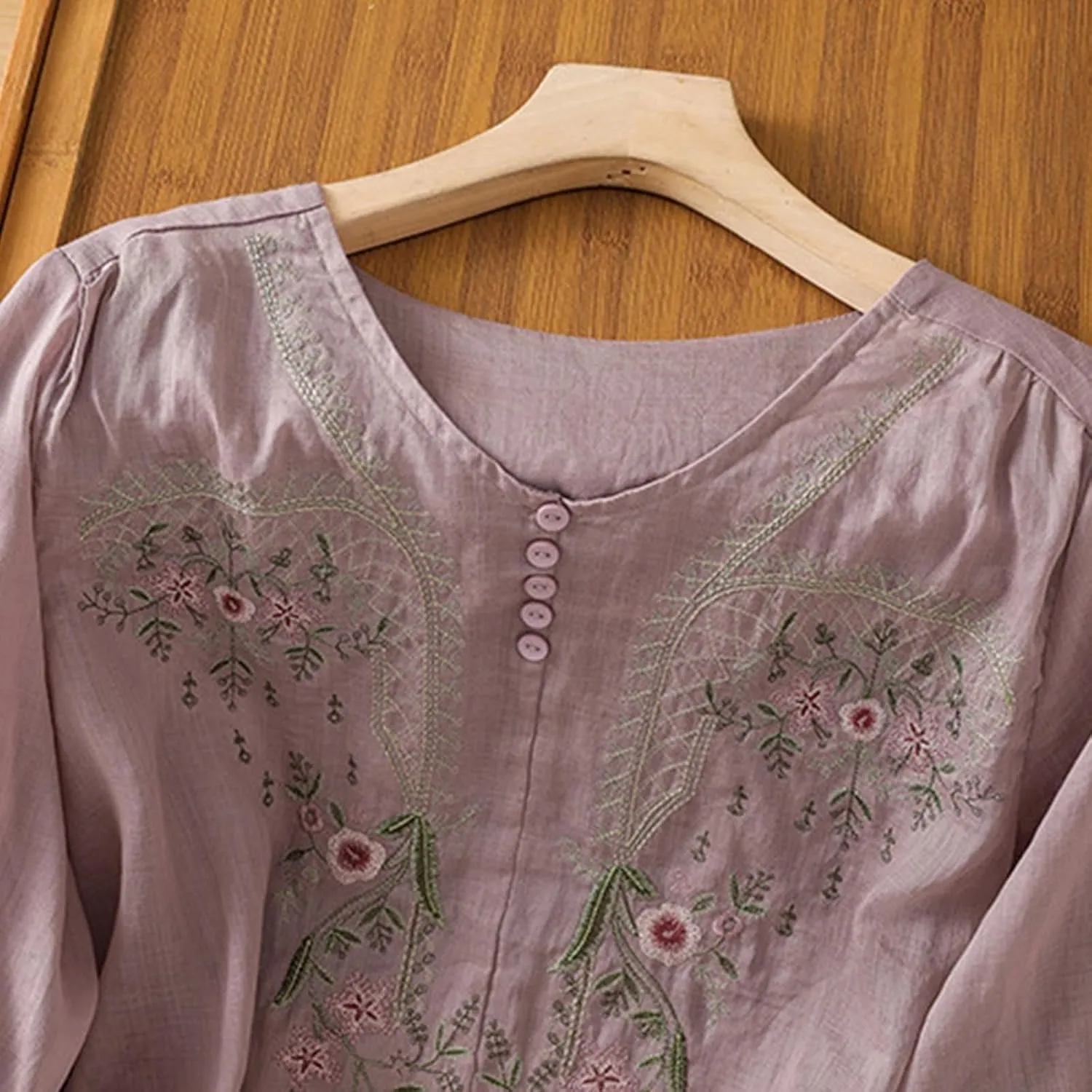 Womens Floral Embroidered Tops 3/4 Sleeve Boho Cotton Blouse Plus Size Summer Flowy Ethnic Style Peasent Henley Shirt