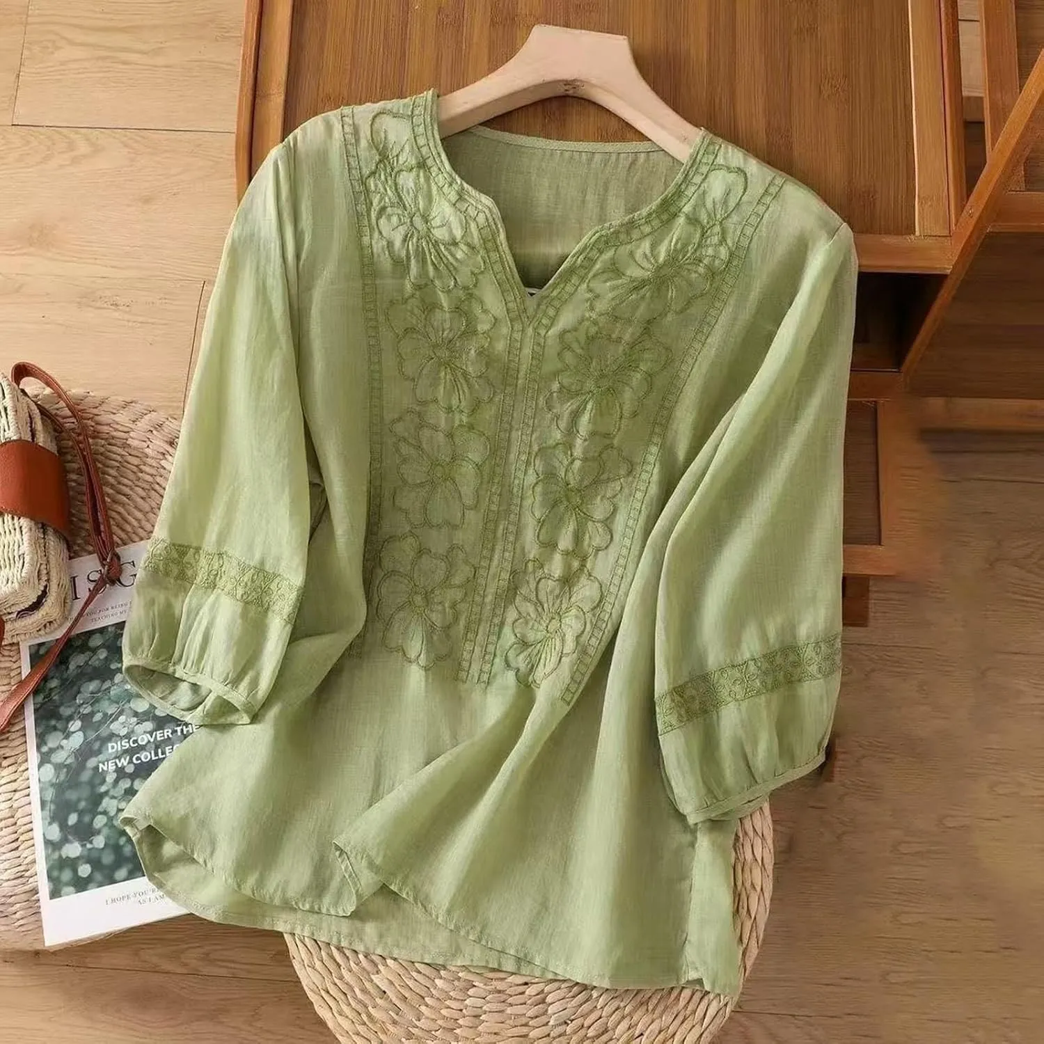 Womens Floral Embroidered Tops 3/4 Sleeve Boho Cotton Blouse Plus Size Summer Flowy Ethnic Style Peasent Henley Shirt