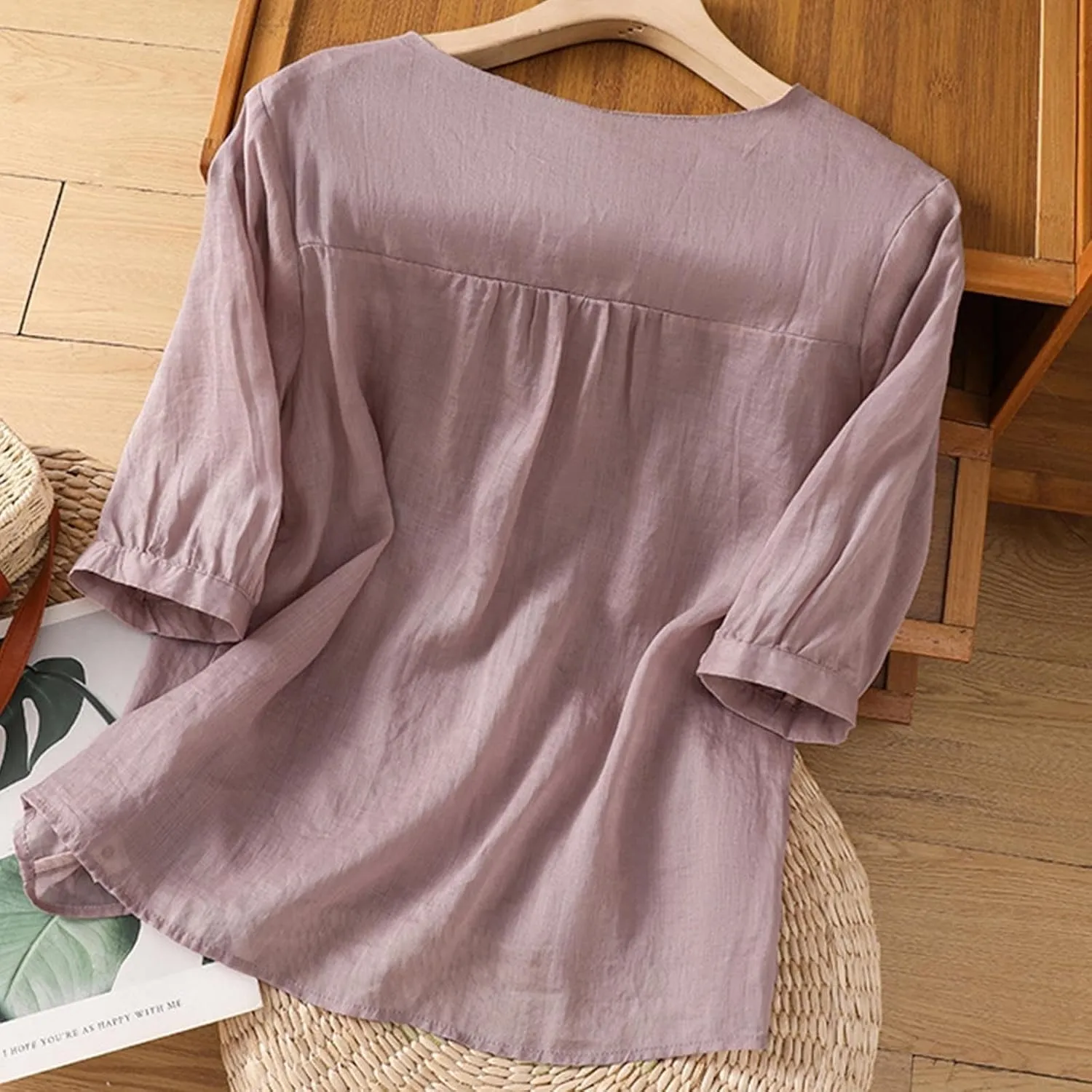 Womens Floral Embroidered Tops 3/4 Sleeve Boho Cotton Blouse Plus Size Summer Flowy Ethnic Style Peasent Henley Shirt
