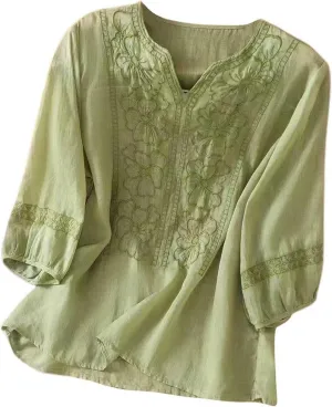 Womens Floral Embroidered Tops 3/4 Sleeve Boho Cotton Blouse Plus Size Summer Flowy Ethnic Style Peasent Henley Shirt