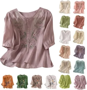 Womens Floral Embroidered Tops 3/4 Sleeve Boho Cotton Blouse Plus Size Summer Flowy Ethnic Style Peasent Henley Shirt