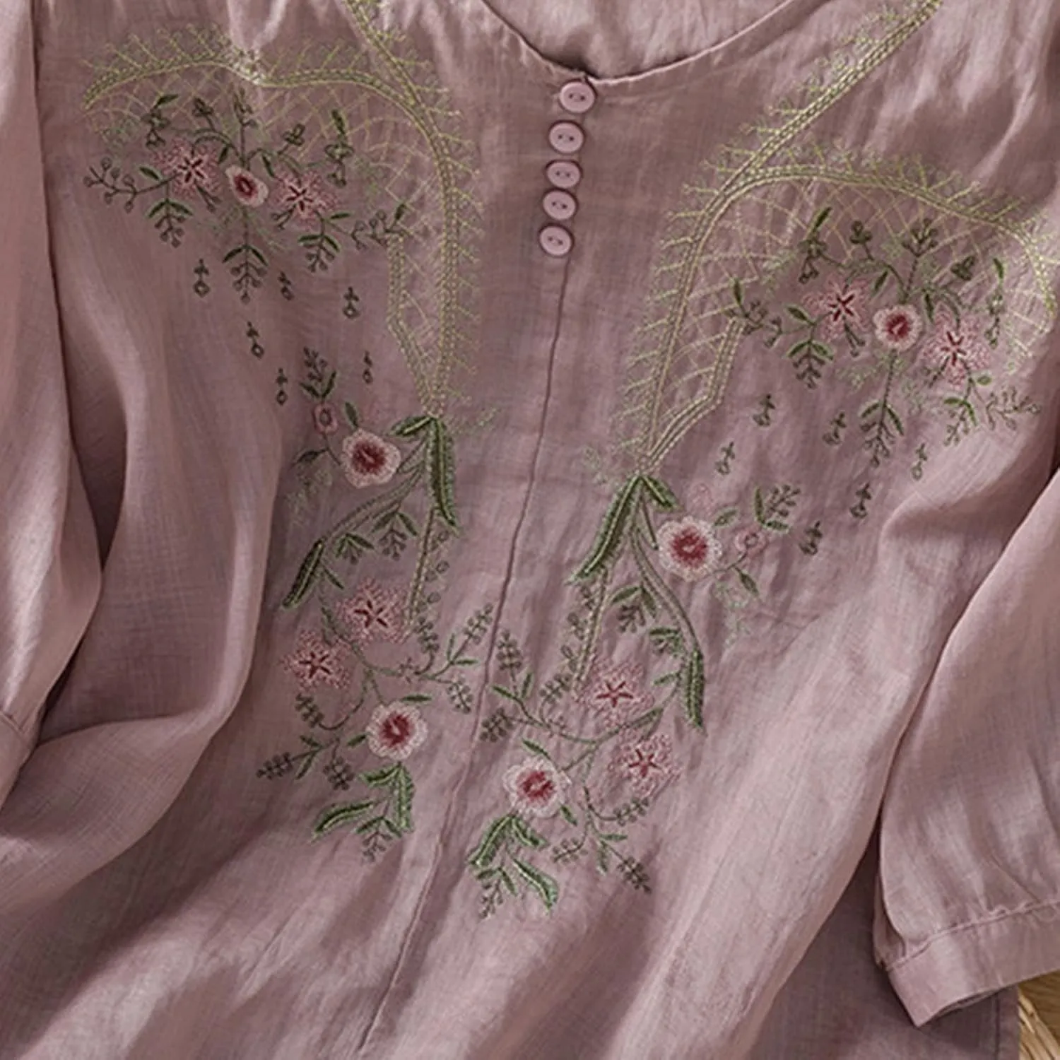 Womens Floral Embroidered Tops 3/4 Sleeve Boho Cotton Blouse Plus Size Summer Flowy Ethnic Style Peasent Henley Shirt