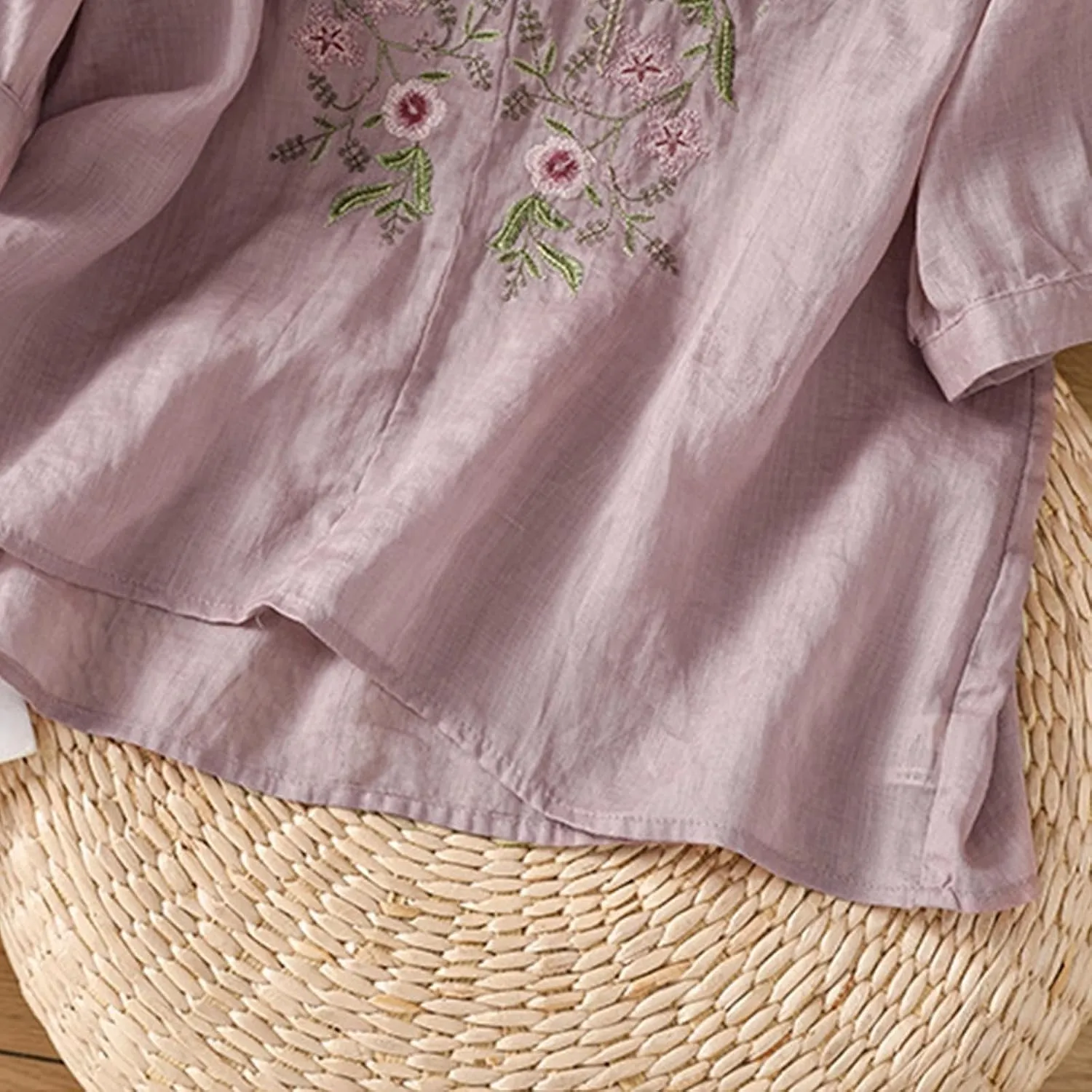 Womens Floral Embroidered Tops 3/4 Sleeve Boho Cotton Blouse Plus Size Summer Flowy Ethnic Style Peasent Henley Shirt