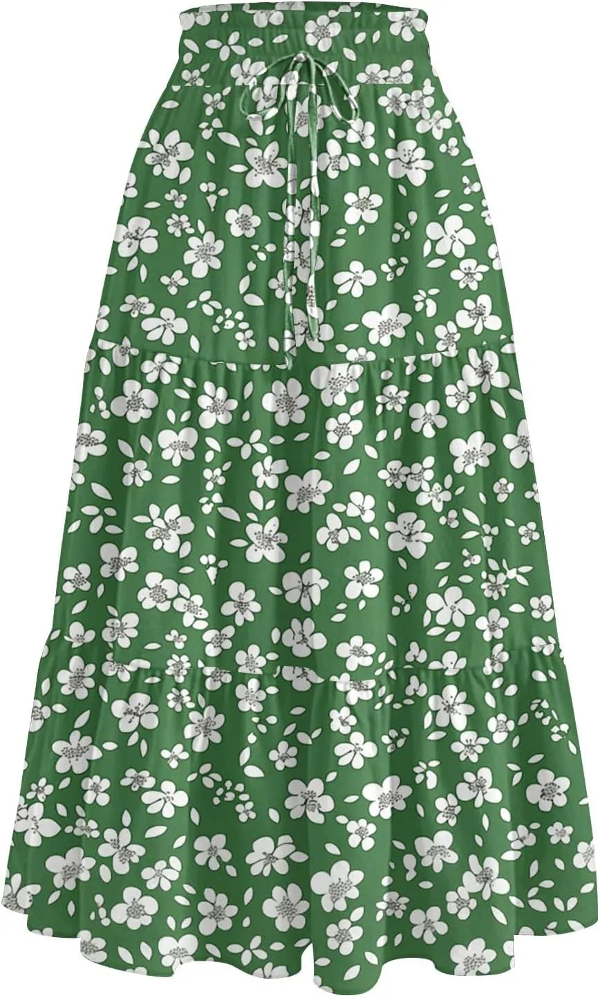 Womens Floral Printed Boho Midi Skirt Elastic High Waisted Pleated Flowy Summer Swing A-Line Skirts with Pockets