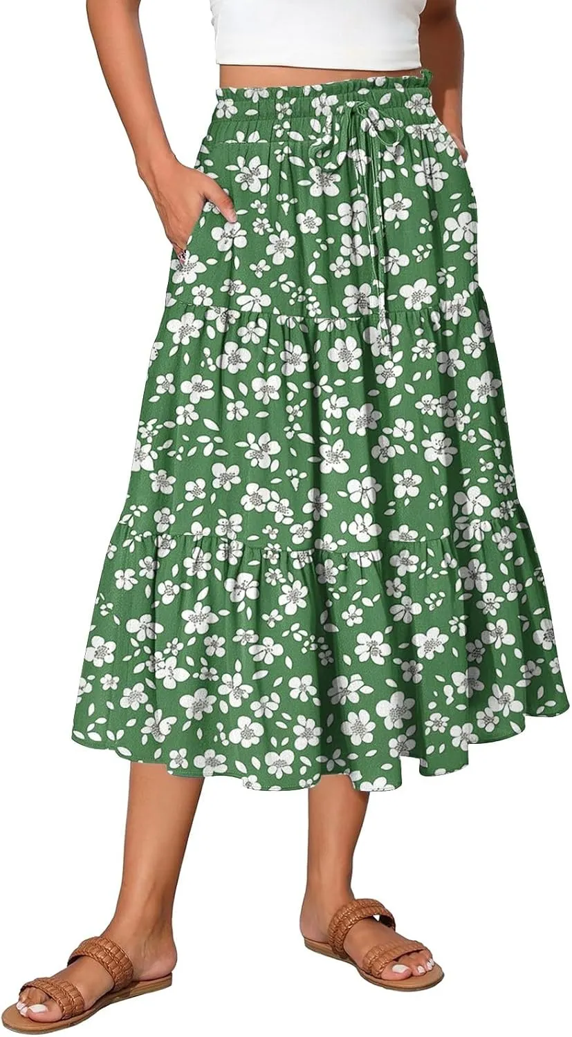 Womens Floral Printed Boho Midi Skirt Elastic High Waisted Pleated Flowy Summer Swing A-Line Skirts with Pockets