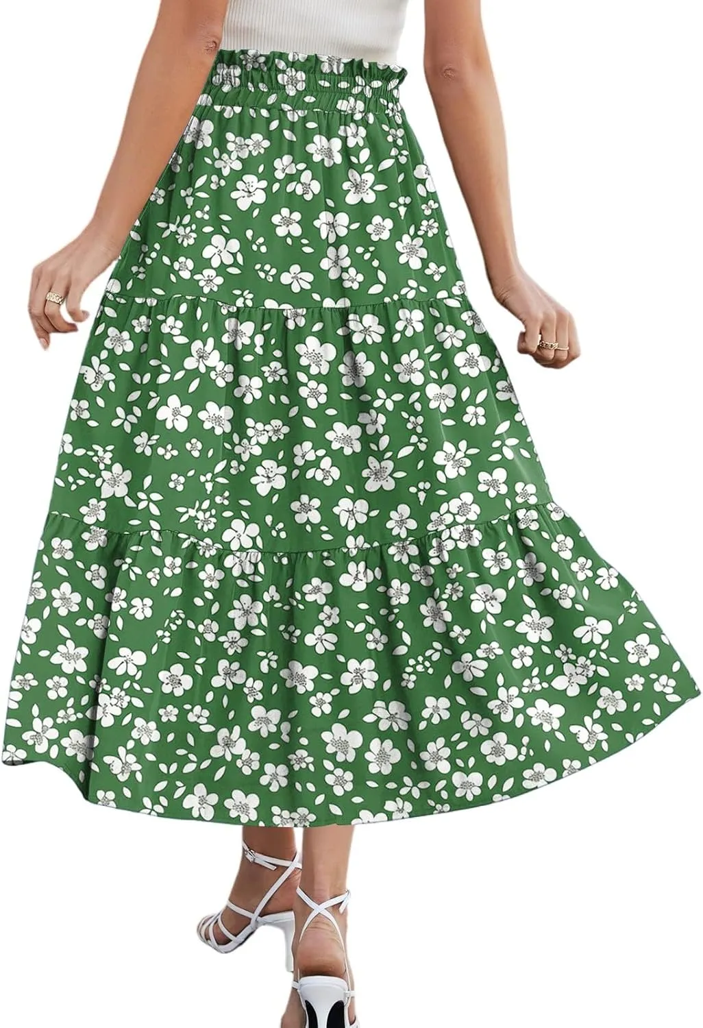 Womens Floral Printed Boho Midi Skirt Elastic High Waisted Pleated Flowy Summer Swing A-Line Skirts with Pockets