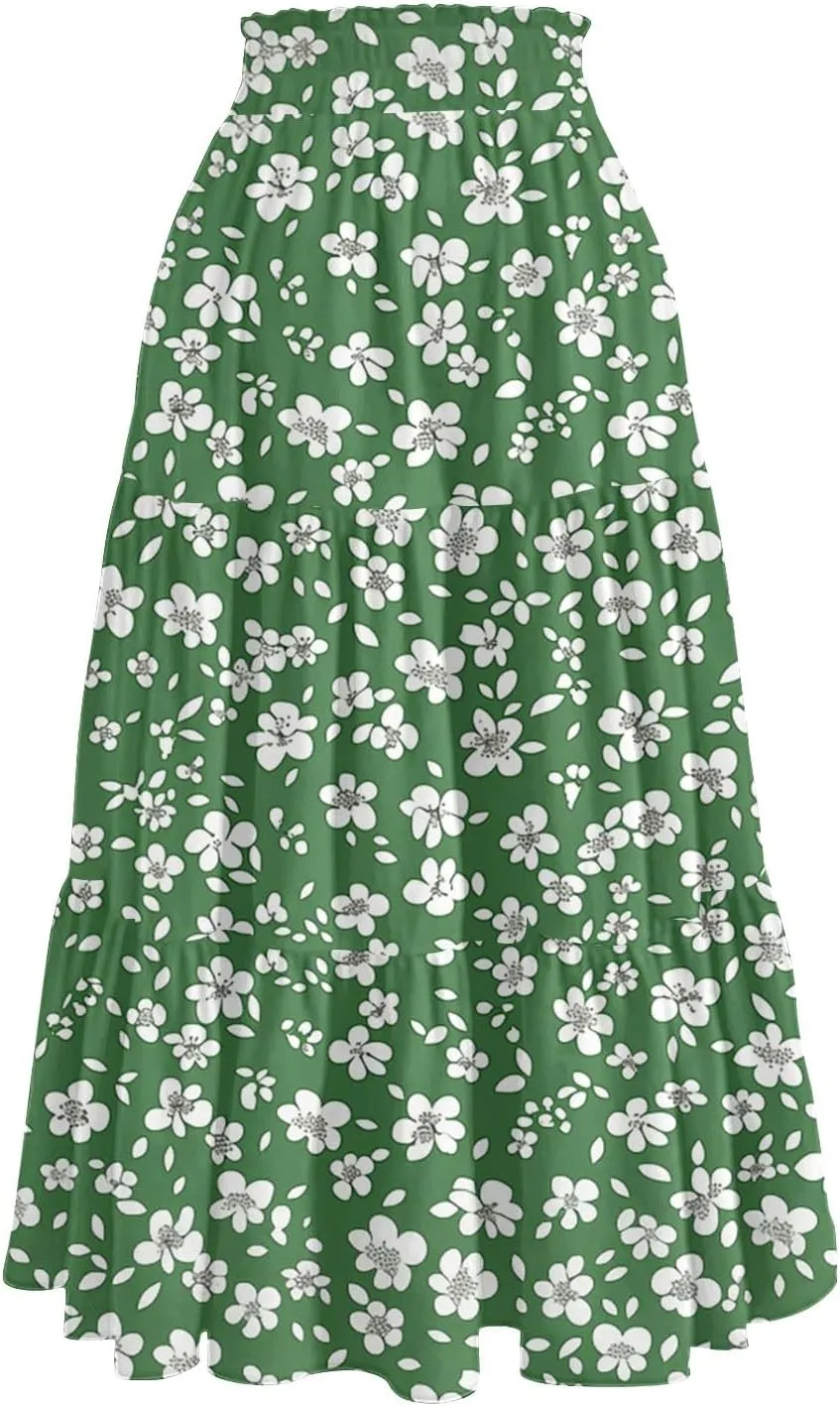 Womens Floral Printed Boho Midi Skirt Elastic High Waisted Pleated Flowy Summer Swing A-Line Skirts with Pockets