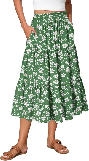 Womens Floral Printed Boho Midi Skirt Elastic High Waisted Pleated Flowy Summer Swing A-Line Skirts with Pockets