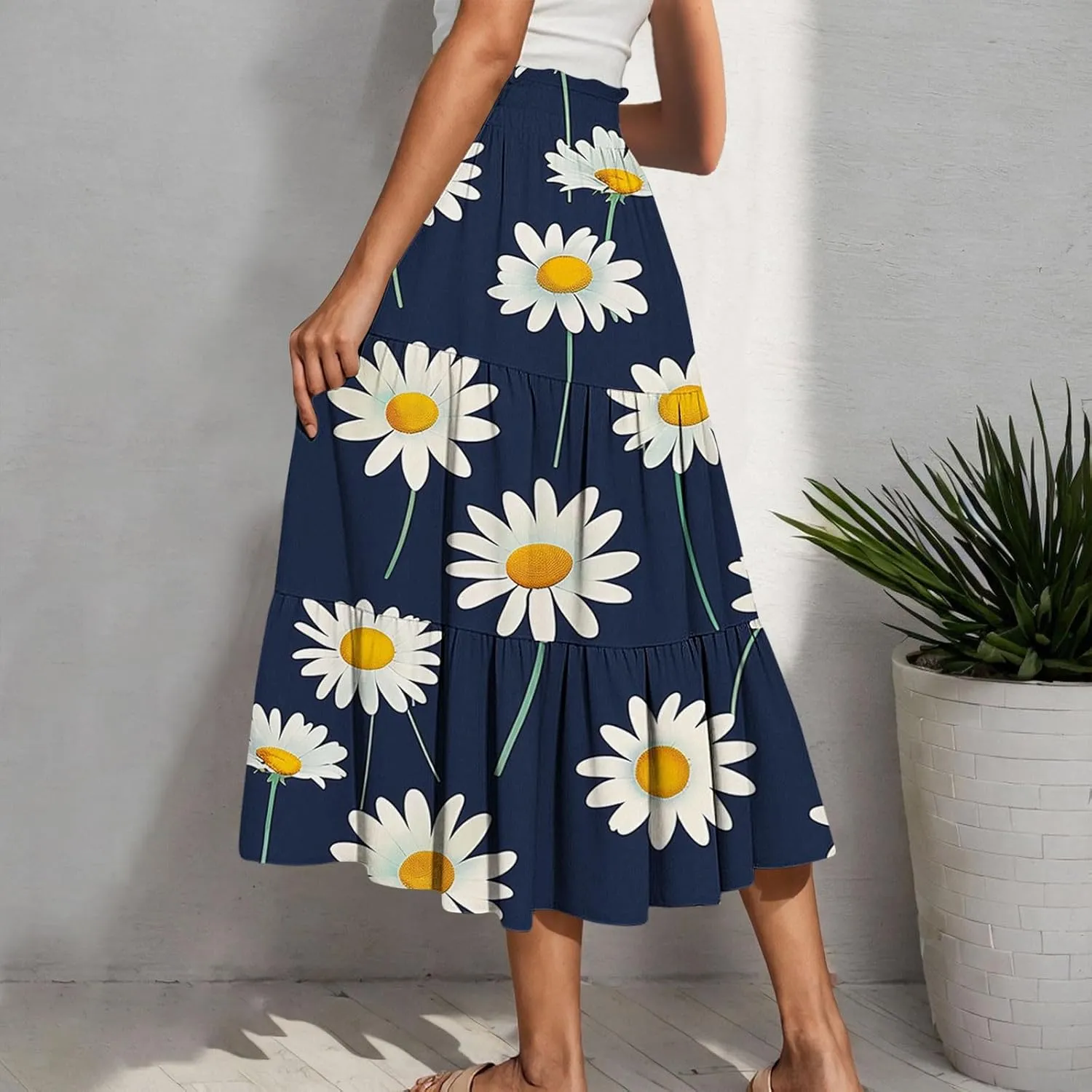 Women's Floral Printed Skirt Drawstring Elastic High Waist A-Line Midi Long Skirts Summer Casual Dressy Beach Skirt