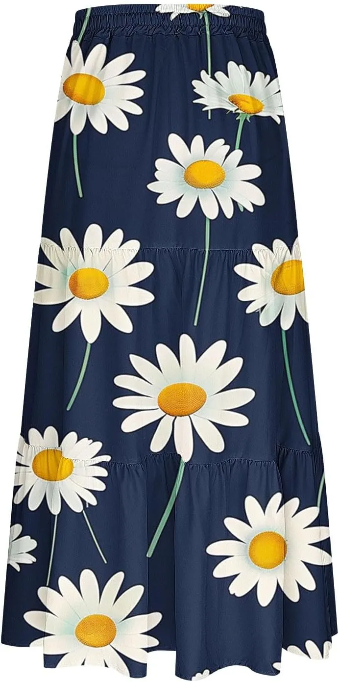 Women's Floral Printed Skirt Drawstring Elastic High Waist A-Line Midi Long Skirts Summer Casual Dressy Beach Skirt