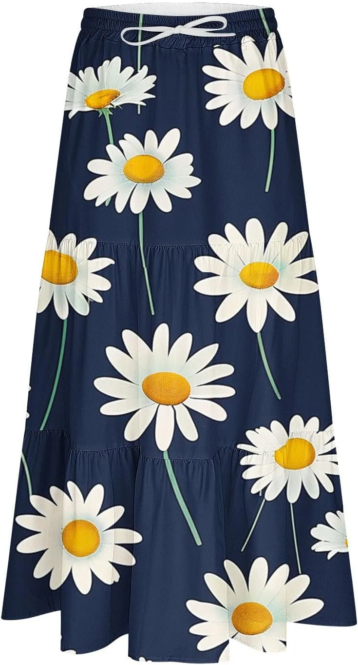 Women's Floral Printed Skirt Drawstring Elastic High Waist A-Line Midi Long Skirts Summer Casual Dressy Beach Skirt