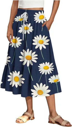 Women's Floral Printed Skirt Drawstring Elastic High Waist A-Line Midi Long Skirts Summer Casual Dressy Beach Skirt