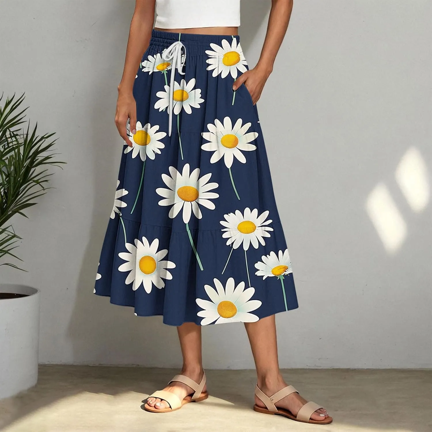 Women's Floral Printed Skirt Drawstring Elastic High Waist A-Line Midi Long Skirts Summer Casual Dressy Beach Skirt