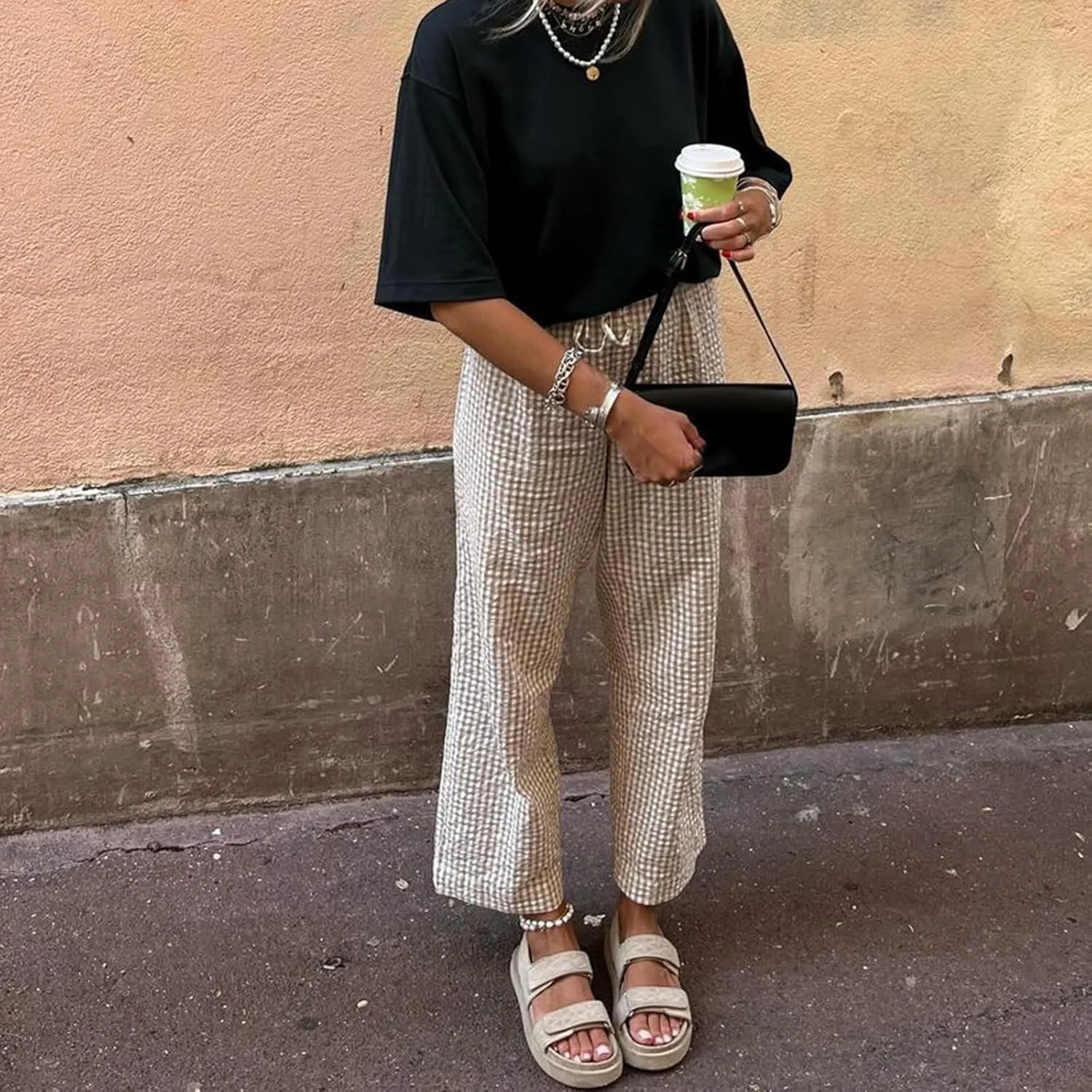 Women's High Waist Gingham Long Pants Drawstring Elastic Waist Plaid Straight Leg Trousers Y2K Pj Bottoms