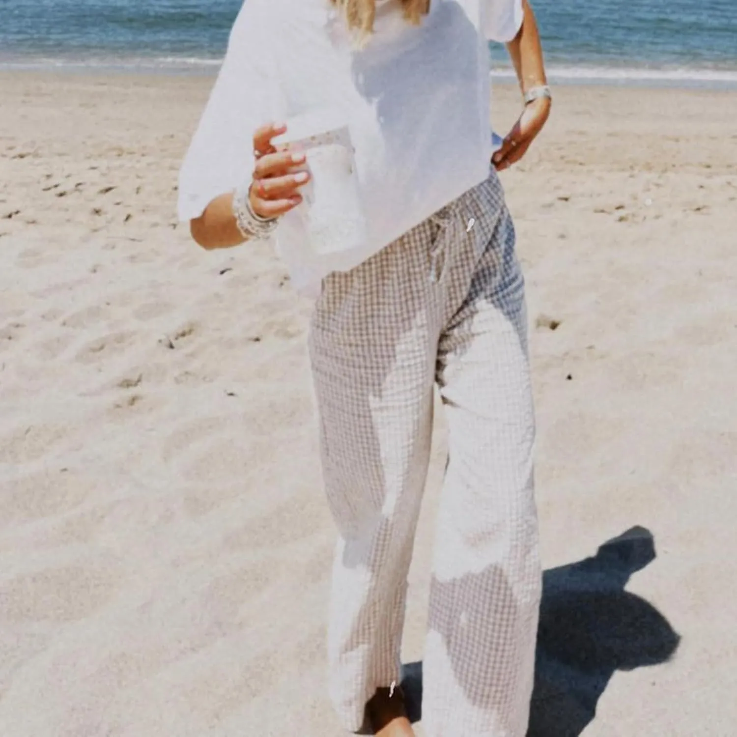 Women's High Waist Gingham Long Pants Drawstring Elastic Waist Plaid Straight Leg Trousers Y2K Pj Bottoms