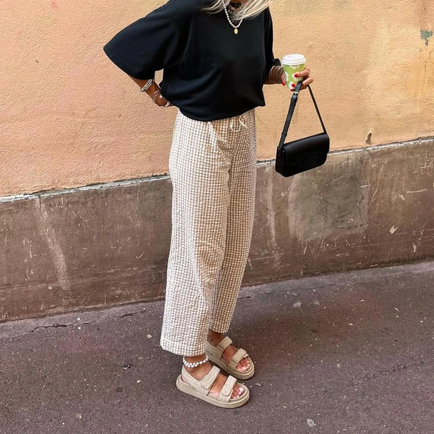 Women's High Waist Gingham Long Pants Drawstring Elastic Waist Plaid Straight Leg Trousers Y2K Pj Bottoms
