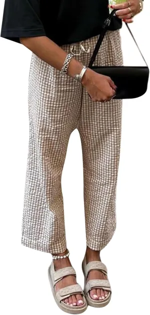 Women's High Waist Gingham Long Pants Drawstring Elastic Waist Plaid Straight Leg Trousers Y2K Pj Bottoms