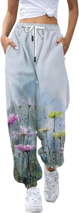 Women's High Waisted Sweatpants Workout Active Joggers Pants Bottoms Leaf Print Fall Fashion Outfits Y2k Clothes 2025