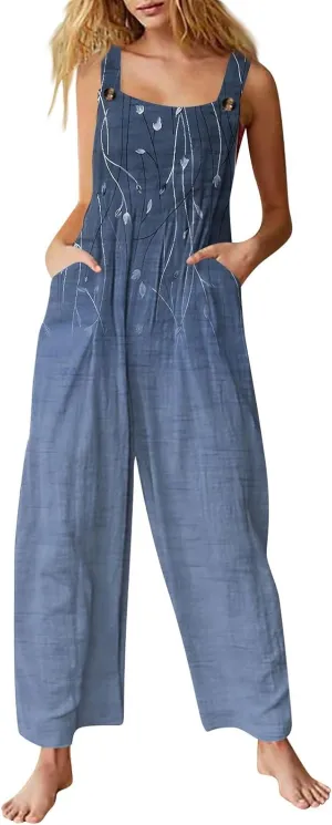 Womens Jumpsuits Summer Loose Boho Jumpsuits for Women Dressy Hippie Overalls Wide Leg Pants Romper with Pockets