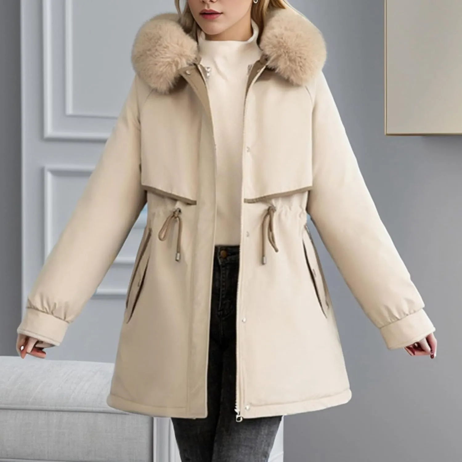 Women's Lightweight Down Jacket Quilted Jacket with Detachable Liner Pile Collar Mid Length Winter Puffer Coat Pocket