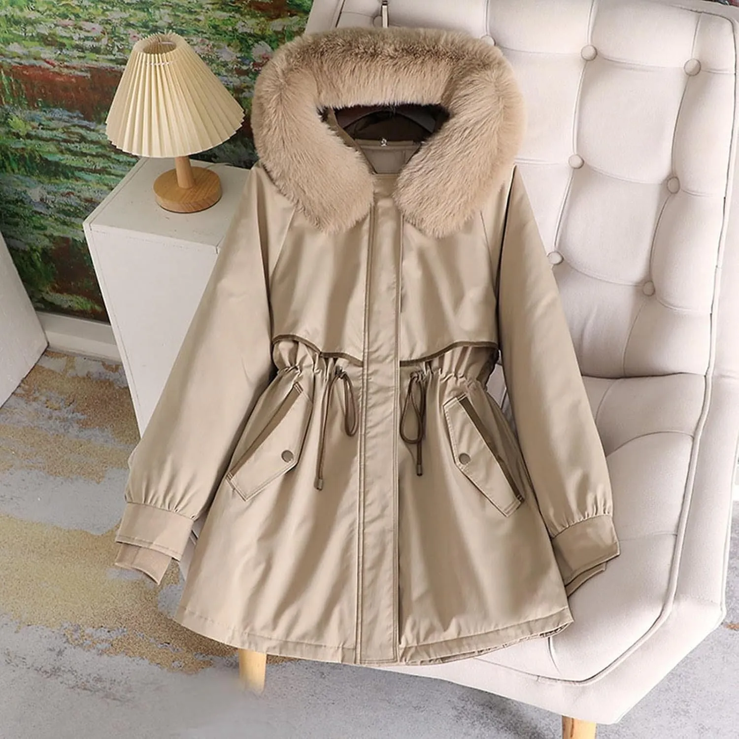 Women's Lightweight Down Jacket Quilted Jacket with Detachable Liner Pile Collar Mid Length Winter Puffer Coat Pocket