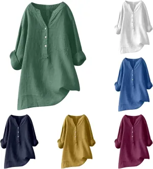 Women's Linen Button Down Shirts V Neck Short Sleeve Tshirts Light Weight Plain Blouses Casual Loose Fit Tunic Tops