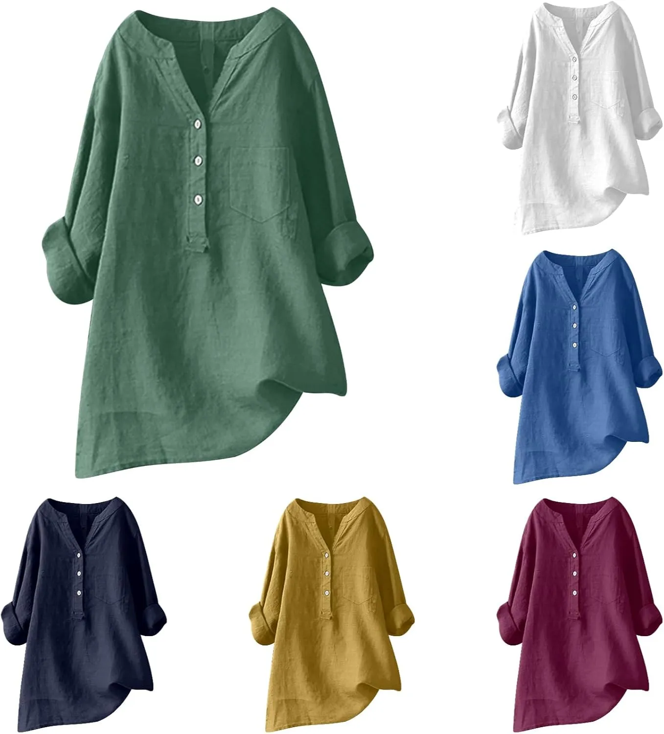 Women's Linen Button Down Shirts V Neck Short Sleeve Tshirts Light Weight Plain Blouses Casual Loose Fit Tunic Tops