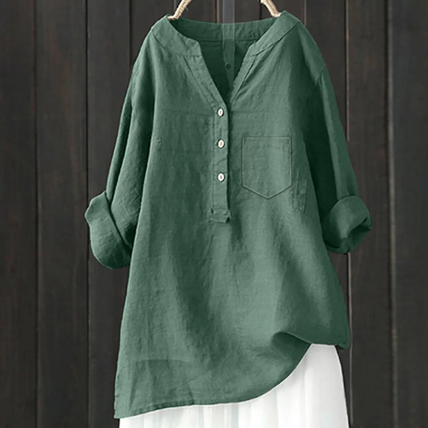 Women's Linen Button Down Shirts V Neck Short Sleeve Tshirts Light Weight Plain Blouses Casual Loose Fit Tunic Tops