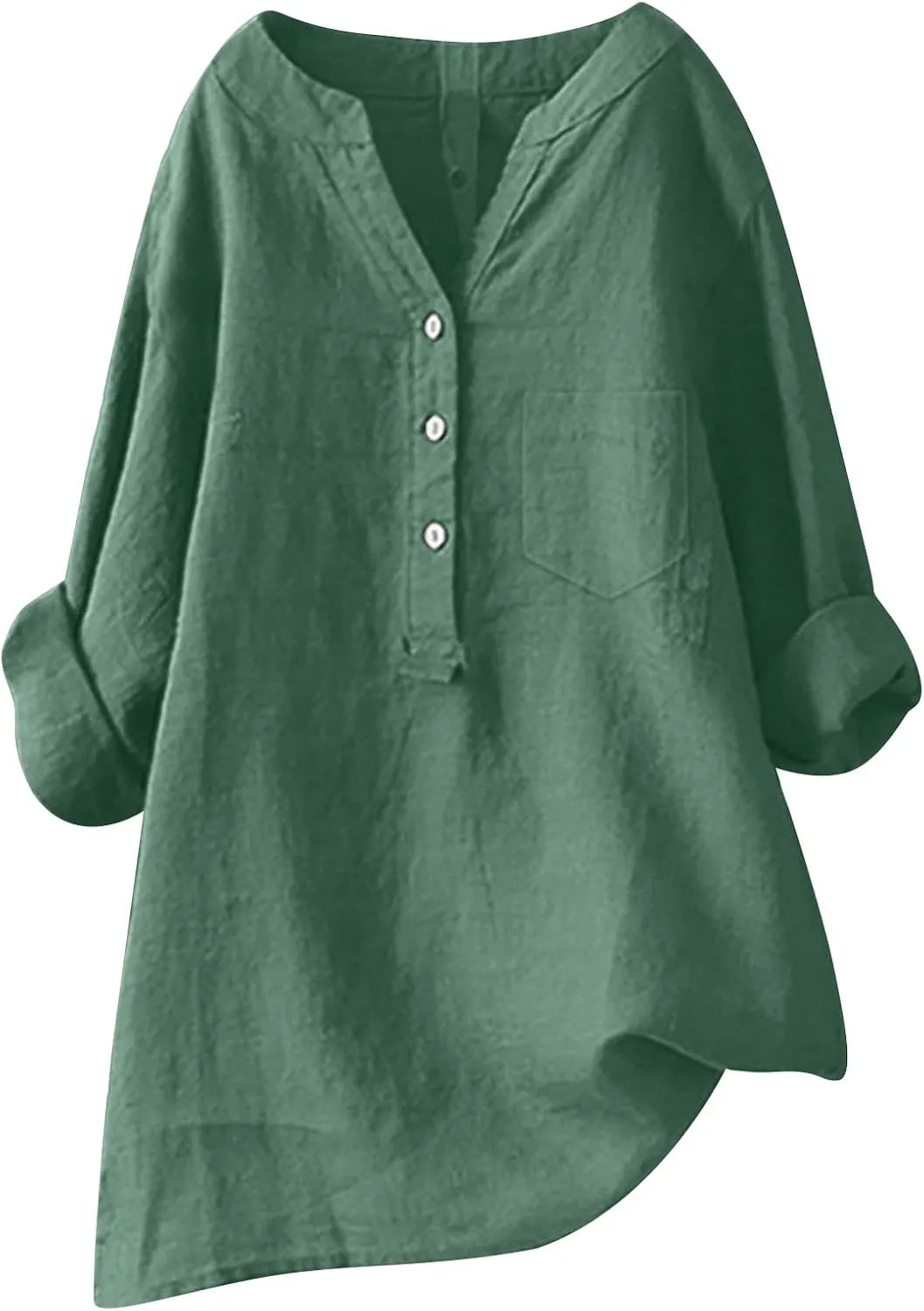 Women's Linen Button Down Shirts V Neck Short Sleeve Tshirts Light Weight Plain Blouses Casual Loose Fit Tunic Tops