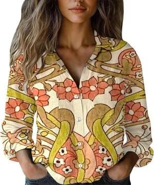 Womens Linen Shirt 2025 Casual Cotton Linen Button Down Short Sleeve Shirts Ethnic Floral Print Summer Tops w/Pocket
