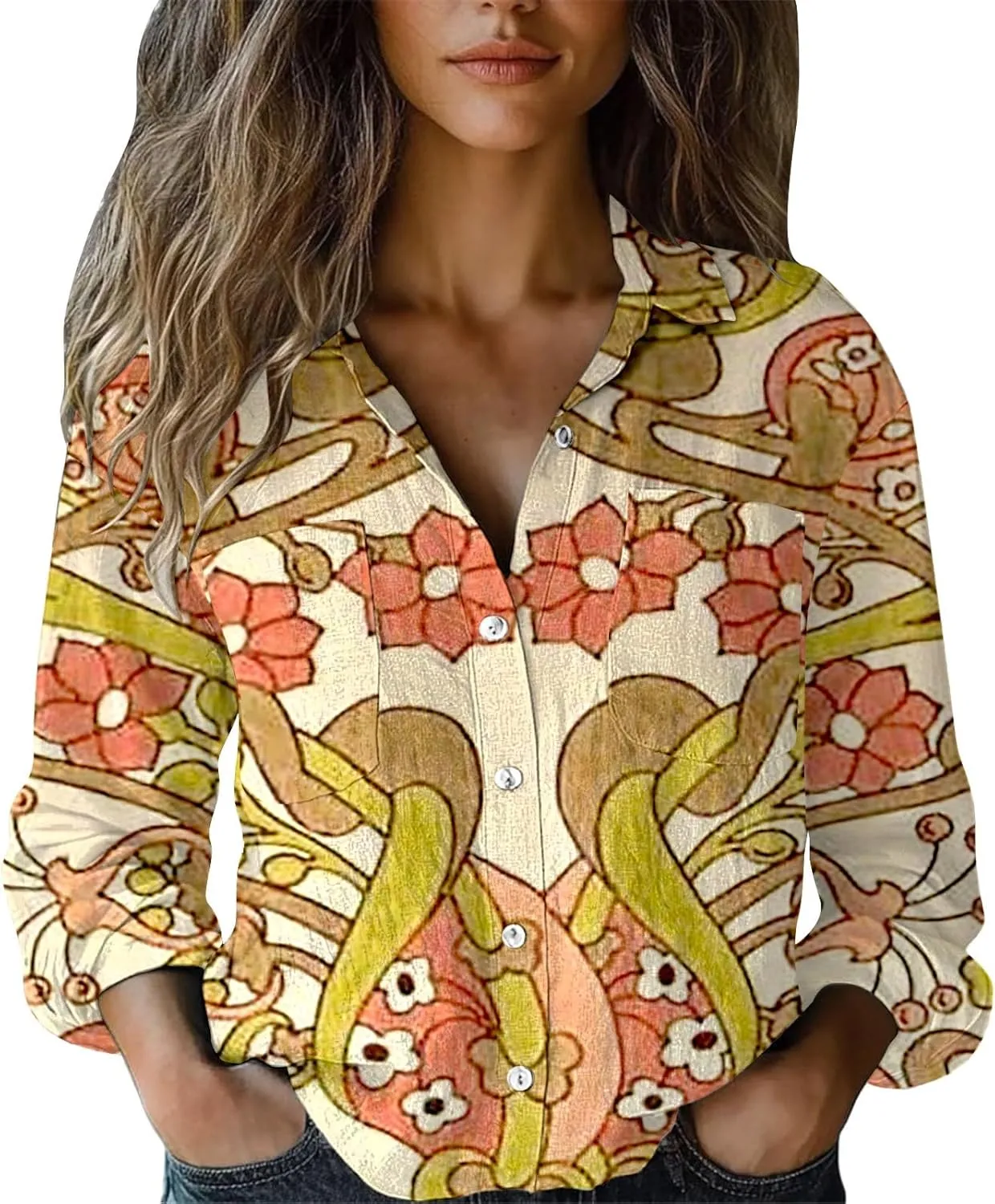 Womens Linen Shirt 2025 Casual Cotton Linen Button Down Short Sleeve Shirts Ethnic Floral Print Summer Tops w/Pocket