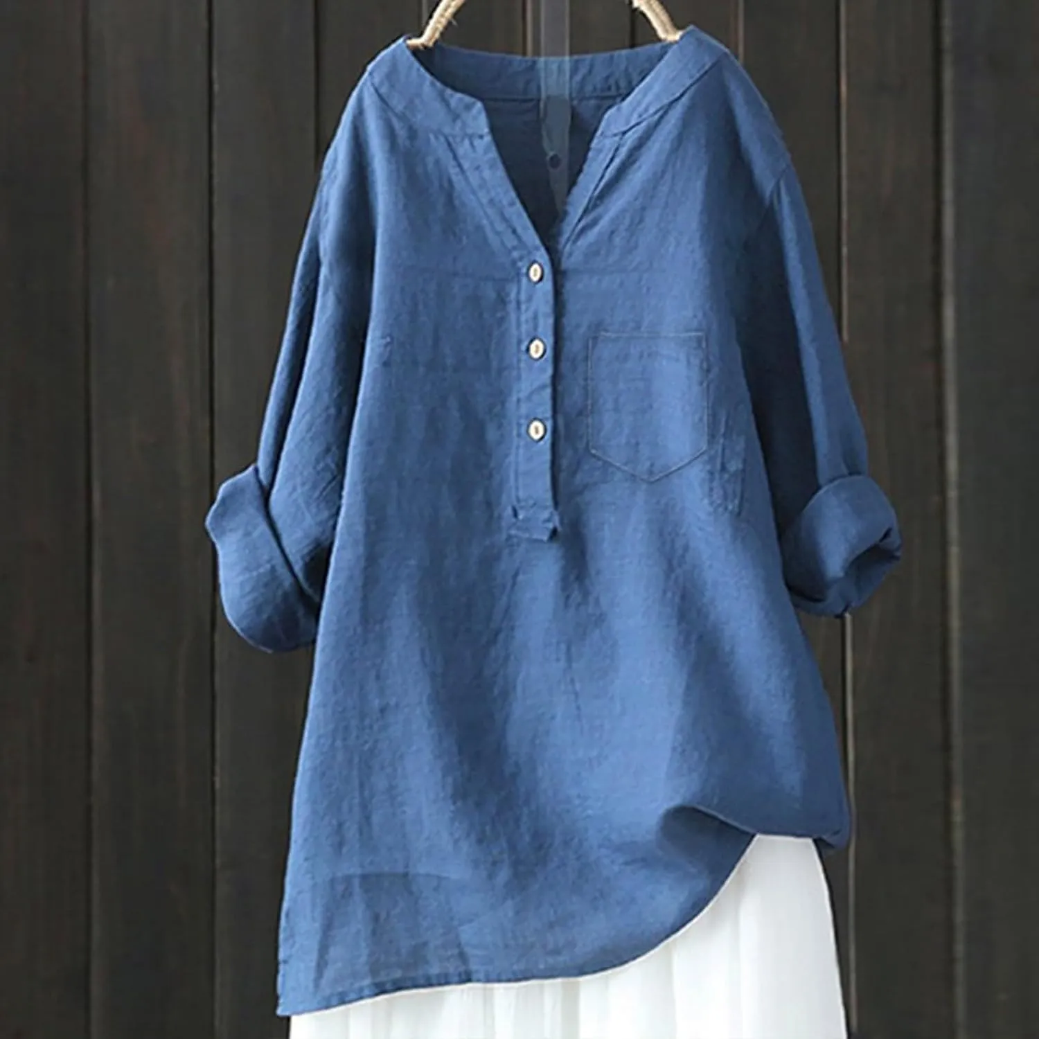 Women's Linen Shirts Solid 3/4 Sleeve Tunic Tops Lightweight Oversized Boho Tshirts Casual V Neck Dressy Blouses
