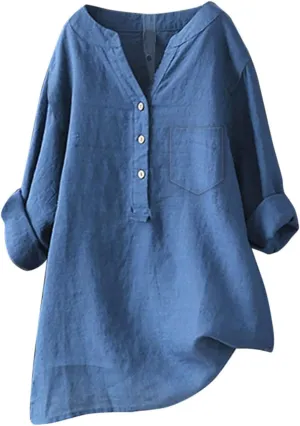 Women's Linen Shirts Solid 3/4 Sleeve Tunic Tops Lightweight Oversized Boho Tshirts Casual V Neck Dressy Blouses