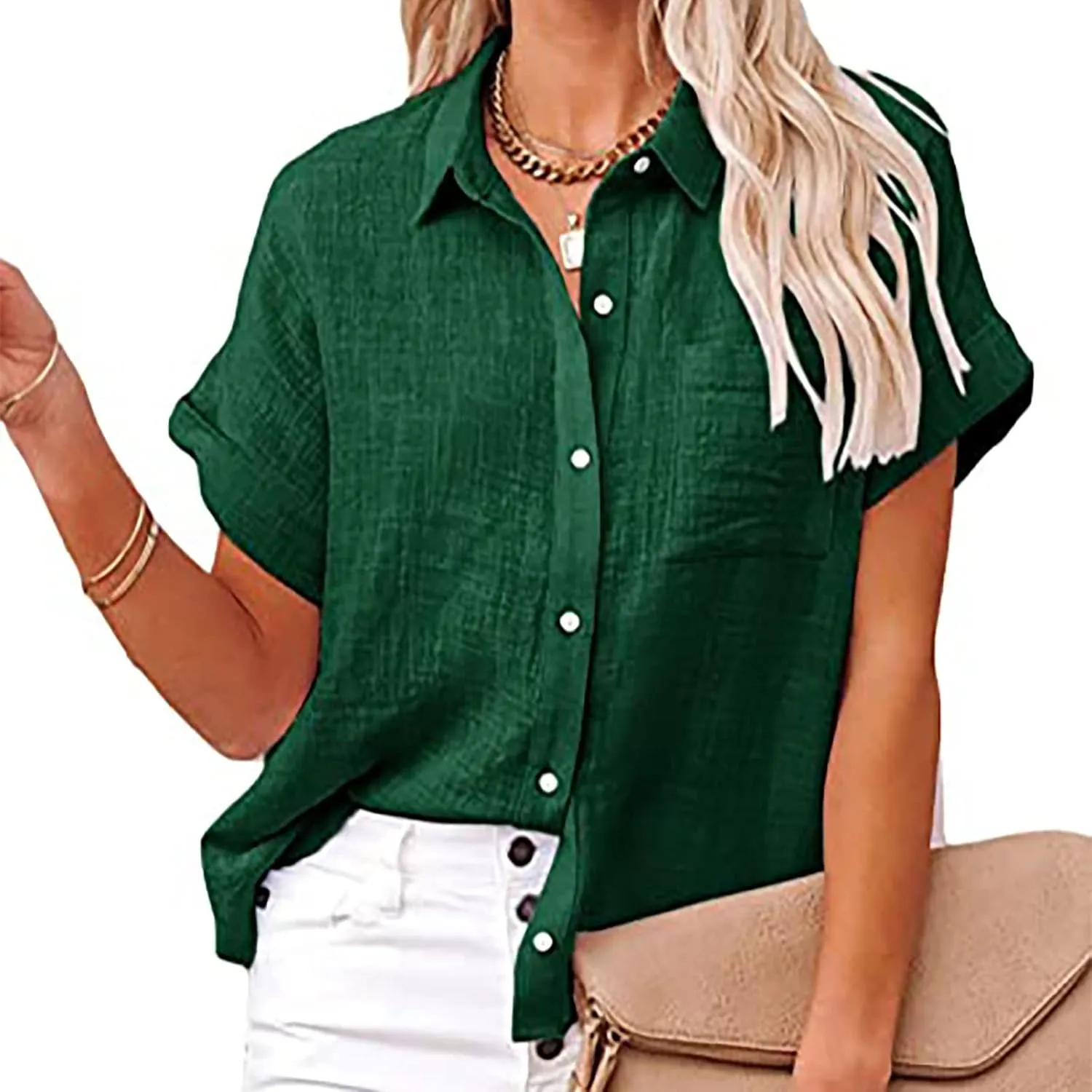 Womens Linen Shirts Summer V Neck Button Down Blouses Casual Short Sleeve Roll up Tops Basic Collared Work Shirts