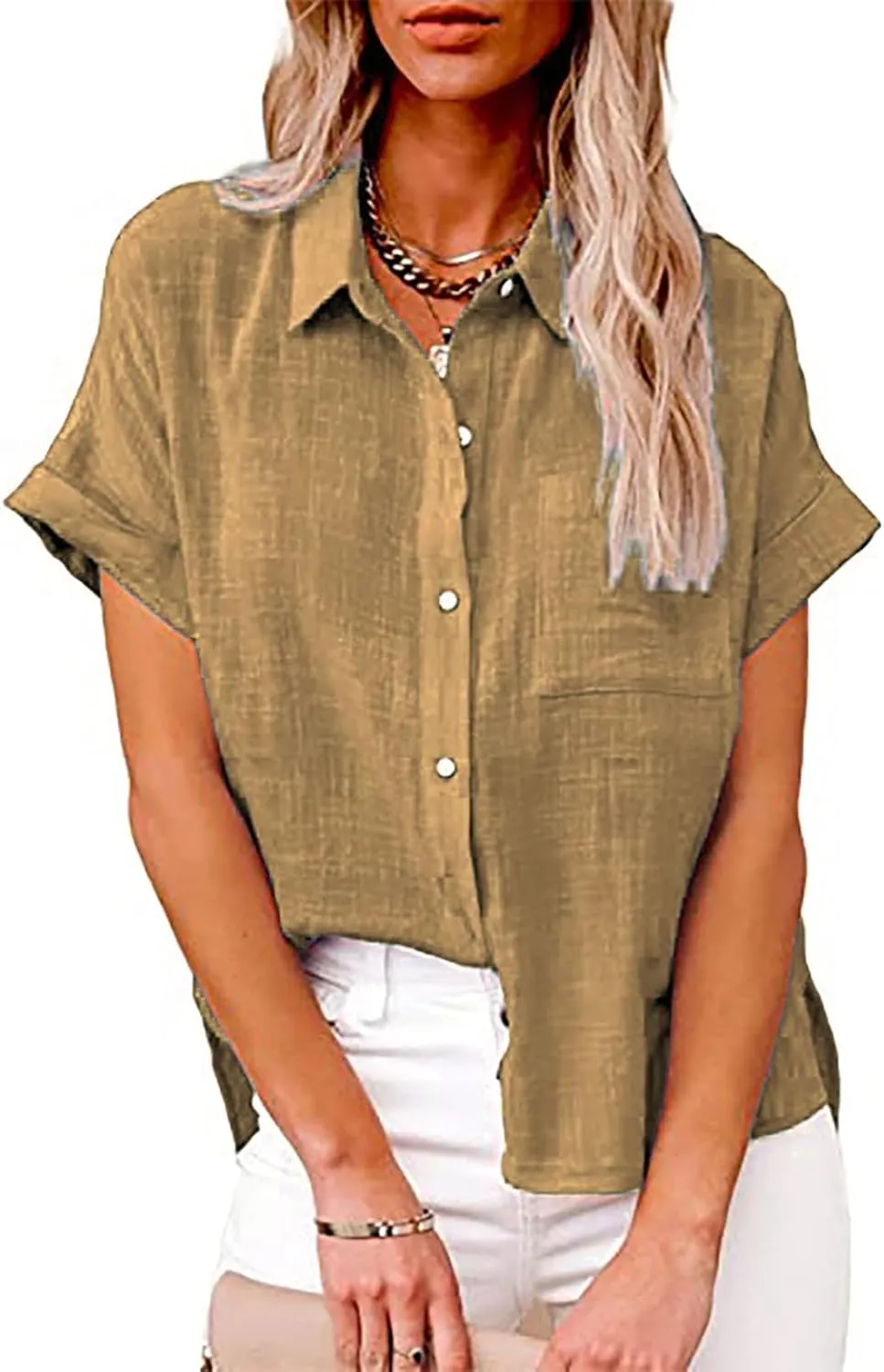 Womens Linen Shirts Summer V Neck Button Down Blouses Casual Short Sleeve Roll up Tops Basic Collared Work Shirts