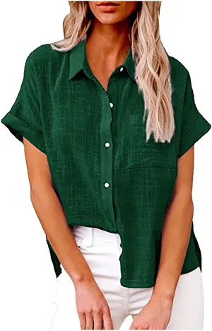 Womens Linen Shirts Summer V Neck Button Down Blouses Casual Short Sleeve Roll up Tops Basic Collared Work Shirts