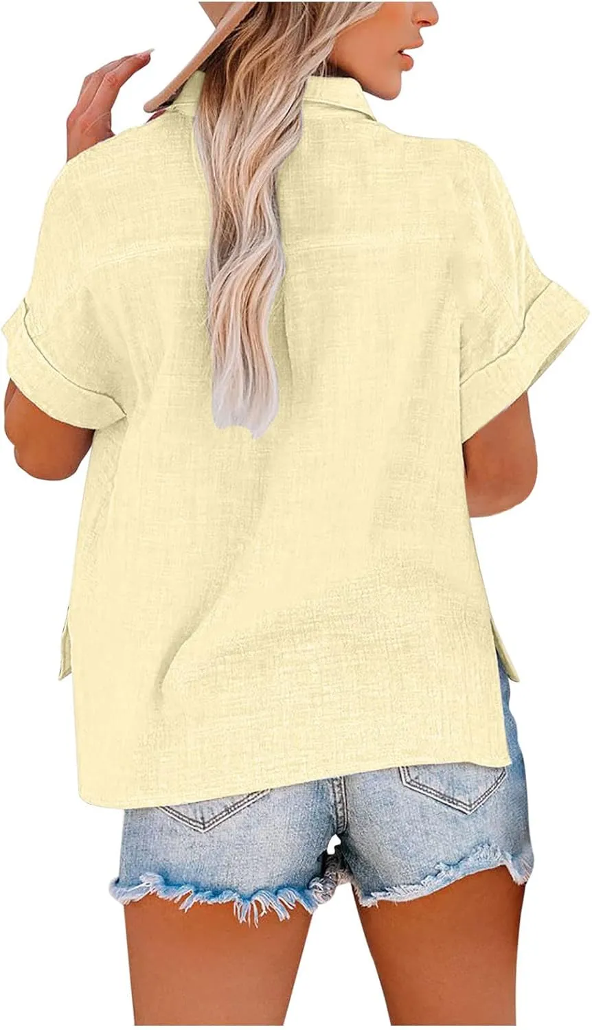 Womens Linen Shirts Summer V Neck Button Down Blouses Casual Short Sleeve Roll up Tops Basic Collared Work Shirts