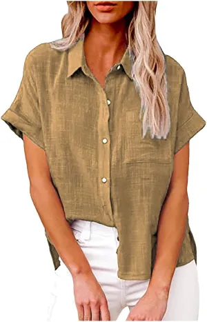 Womens Linen Shirts Summer V Neck Button Down Blouses Casual Short Sleeve Roll up Tops Basic Collared Work Shirts