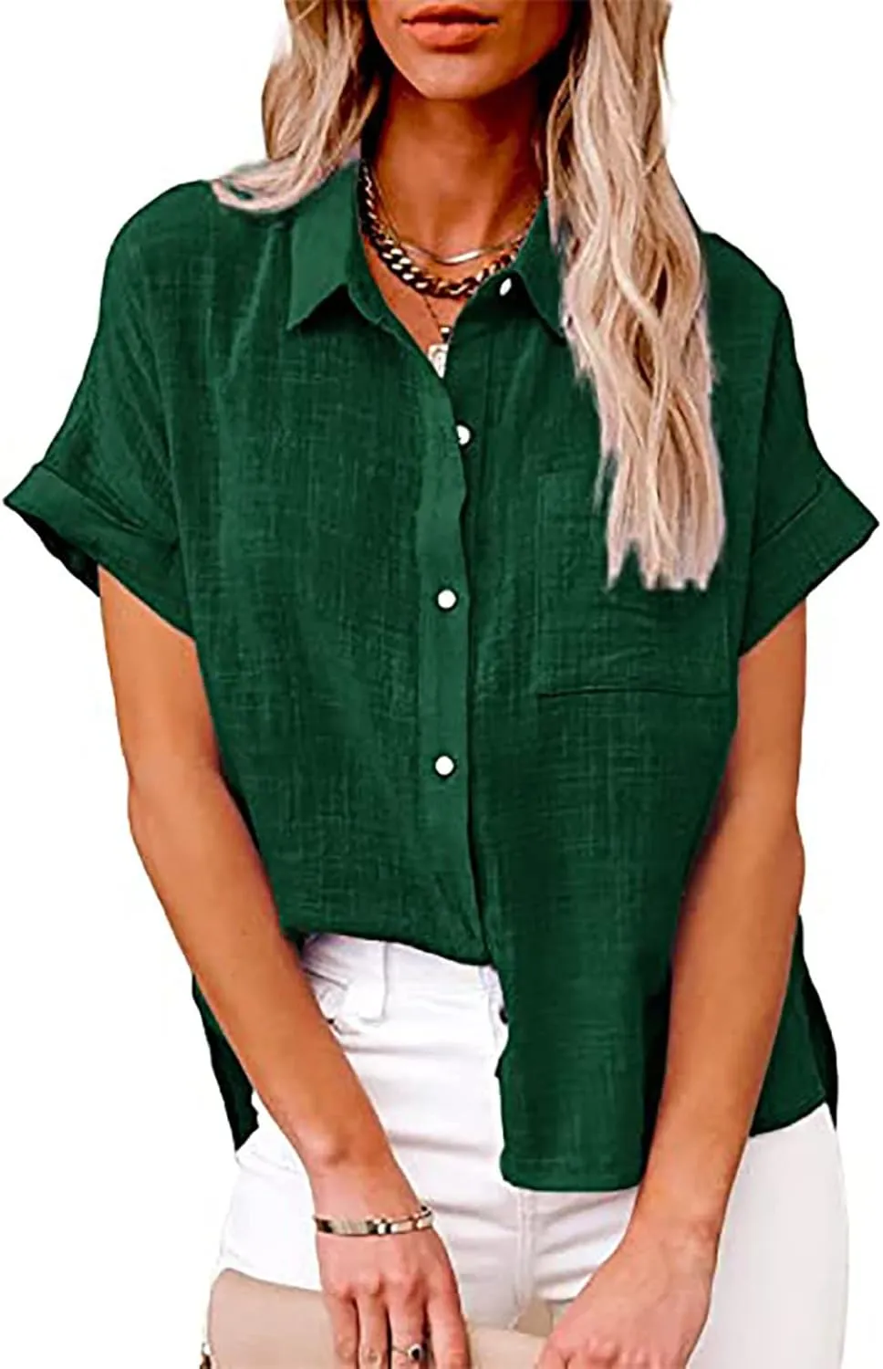 Womens Linen Shirts Summer V Neck Button Down Blouses Casual Short Sleeve Roll up Tops Basic Collared Work Shirts