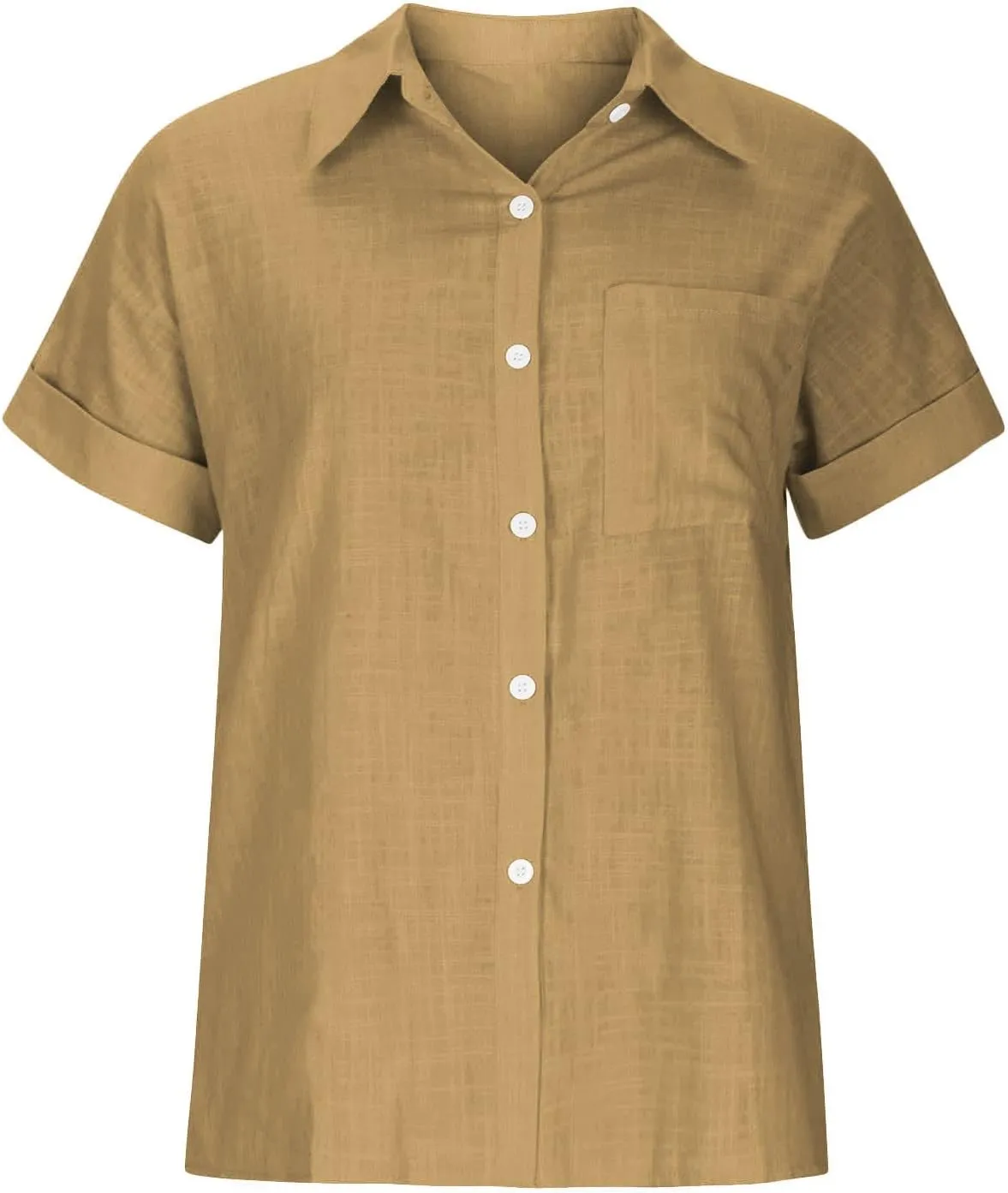 Womens Linen Shirts Summer V Neck Button Down Blouses Casual Short Sleeve Roll up Tops Basic Collared Work Shirts