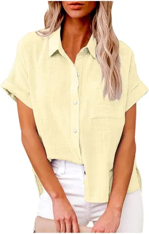 Womens Linen Shirts Summer V Neck Button Down Blouses Casual Short Sleeve Roll up Tops Basic Collared Work Shirts