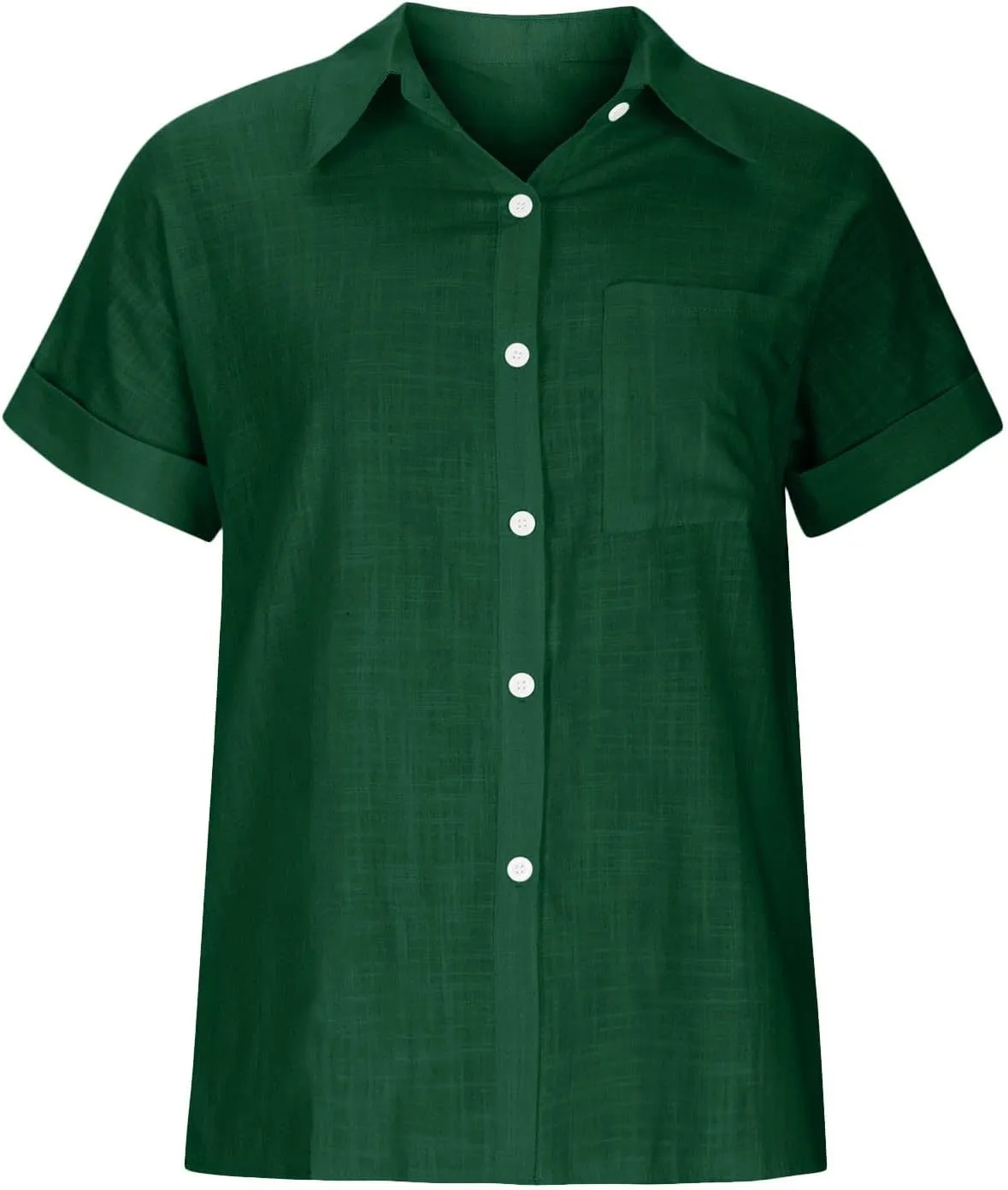 Womens Linen Shirts Summer V Neck Button Down Blouses Casual Short Sleeve Roll up Tops Basic Collared Work Shirts