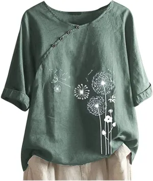 Women's Linen Summer Shirts Plus Size Tops Short Sleeve Floral Blouses Loose Fit Tunic Tops Soft Tshirts for Vacation