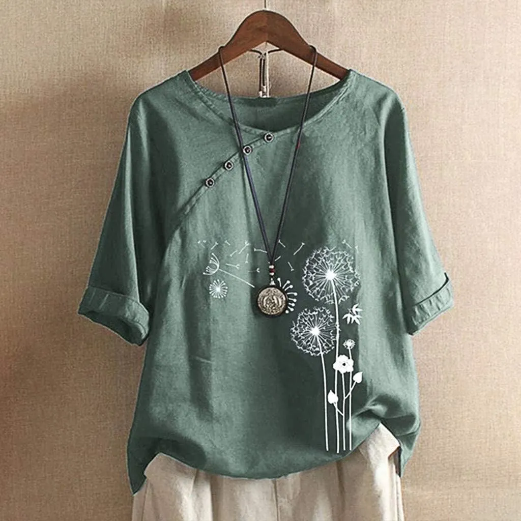 Women's Linen Summer Shirts Plus Size Tops Short Sleeve Floral Blouses Loose Fit Tunic Tops Soft Tshirts for Vacation
