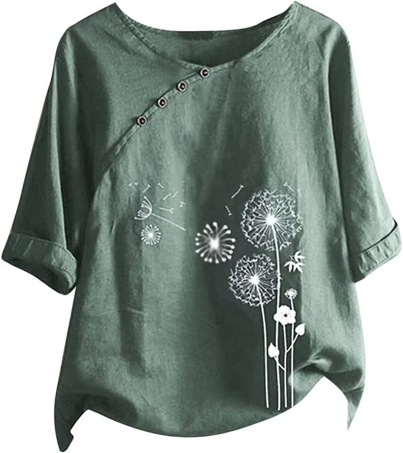 Women's Linen Summer Shirts Plus Size Tops Short Sleeve Floral Blouses Loose Fit Tunic Tops Soft Tshirts for Vacation