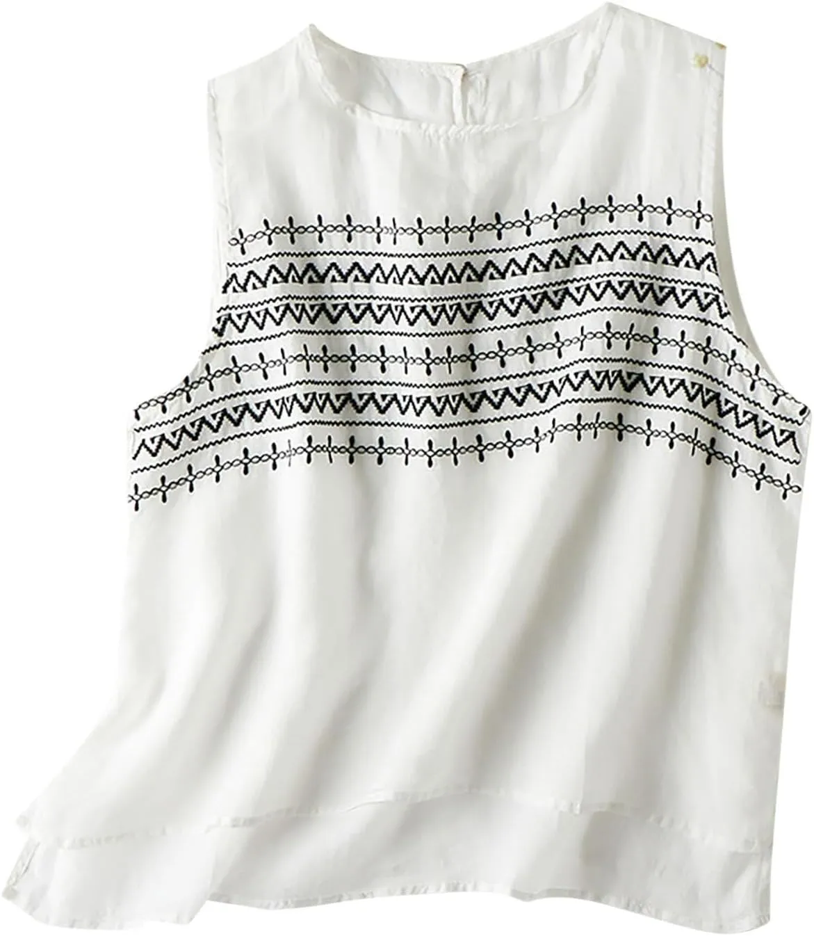 Womens Linen Tops Summer Sleeveless Scooped Neck Floral Embroidered Shirts Casual Oversized Loose Comfy Tees Blouses