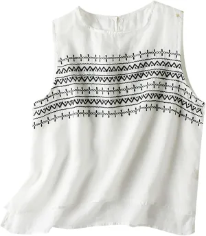 Womens Linen Tops Summer Sleeveless Scooped Neck Floral Embroidered Shirts Casual Oversized Loose Comfy Tees Blouses