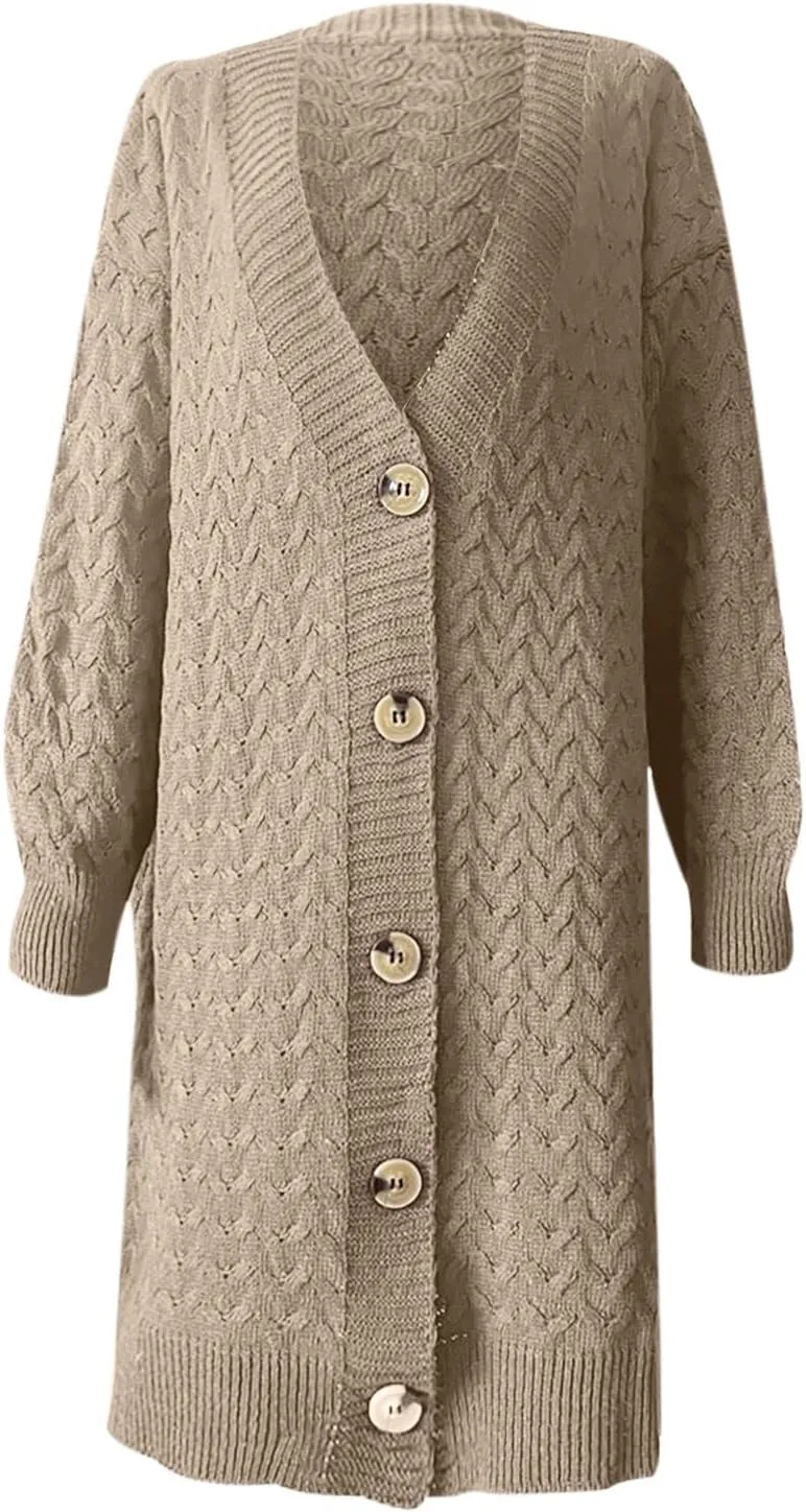 Women's Long Cardigan Coats Cable Knit Casual Open Front Long Sleeve Sweater 2024 Fall Winter Chunky Button Sweaters