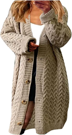 Women's Long Cardigan Coats Cable Knit Casual Open Front Long Sleeve Sweater 2024 Fall Winter Chunky Button Sweaters
