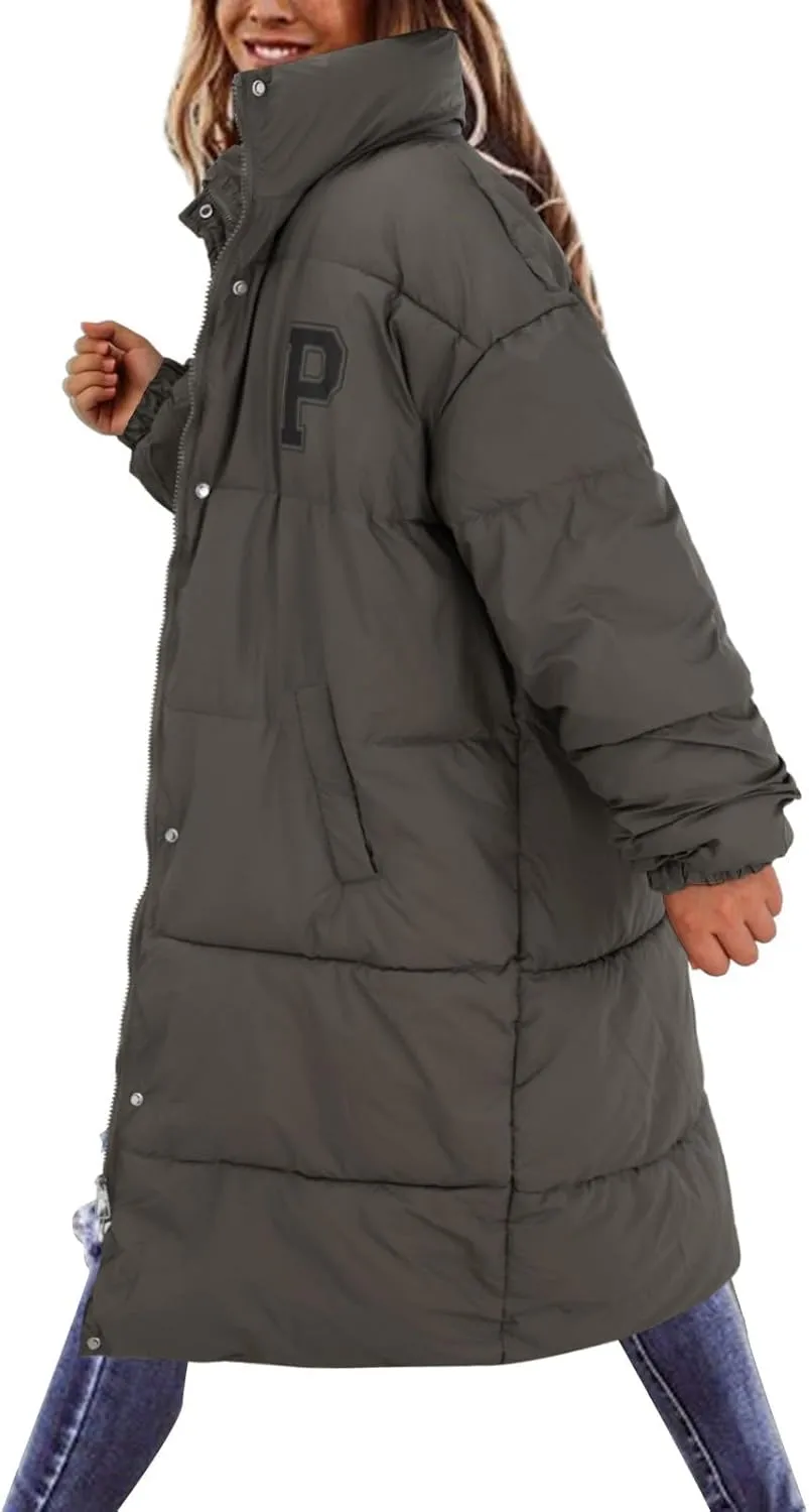 Womens Long Puffer Jacket Casual Zip Up Thick Winter Coats Long Sleeve Down Jacket Oversized Warm Coat